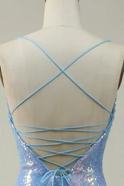 Blue Spaghetti Straps Glitter Mermaid Prom Dress with Slit