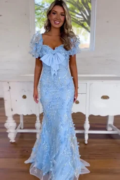 Blue Sparkly Sequins Mermaid Long Corset Prom Dress