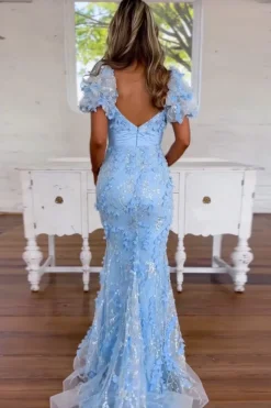 Blue Sparkly Sequins Mermaid Long Corset Prom Dress