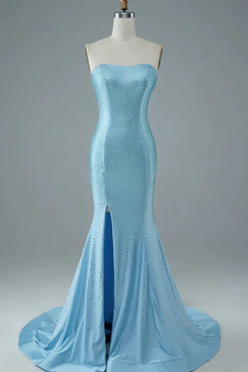 Blue Strapless Mermaid Prom Dress with Slit