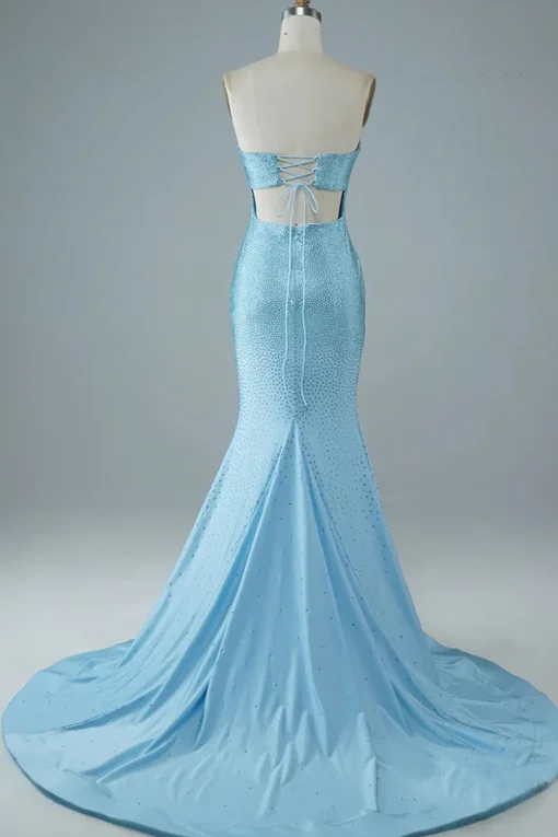 Blue Strapless Mermaid Prom Dress with Slit