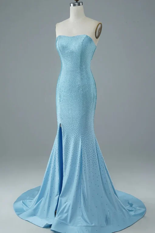 Blue Strapless Mermaid Prom Dress with Slit