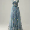 Blue Tulle A Line Prom Dress with Embroidered