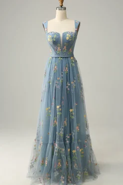 Blue Tulle A Line Prom Dress with Embroidered
