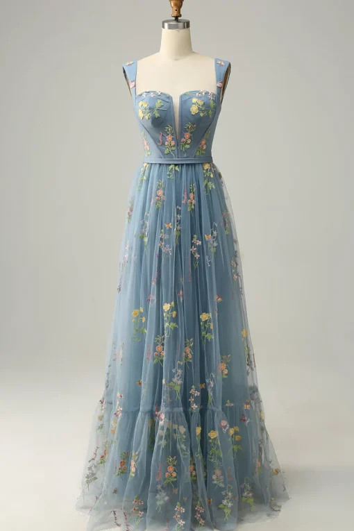 Blue Tulle A Line Prom Dress with Embroidered