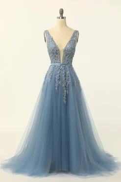 Blue Tulle A Line Prom Dress with Appliques