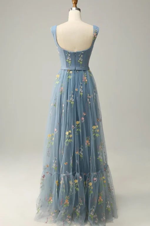 Blue Tulle A Line Prom Dress with Embroidered
