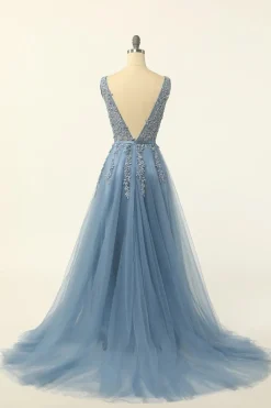 Blue Tulle A Line Prom Dress with Appliques