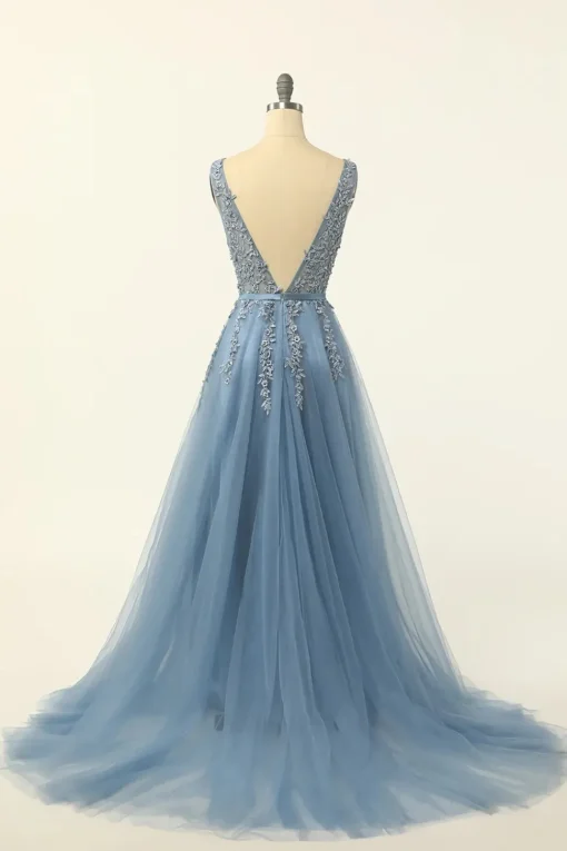 Blue Tulle A Line Prom Dress with Appliques