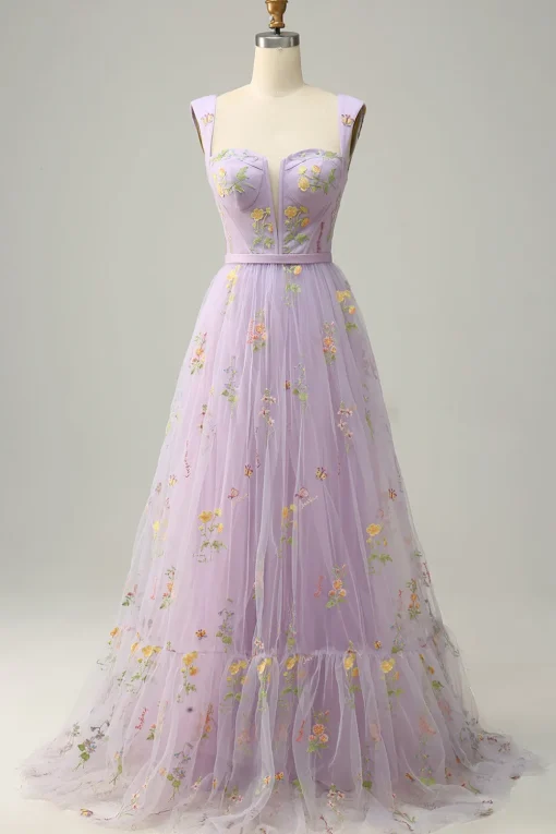 Blue Tulle A Line Prom Dress with Embroidered