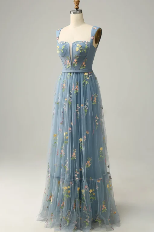 Blue Tulle A Line Prom Dress with Embroidered