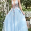 Blue Tulle Princess Prom Dress with 3D Flowers