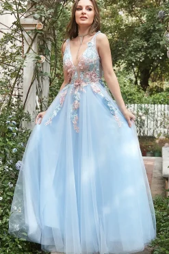 Blue Tulle Princess Prom Dress with 3D Flowers