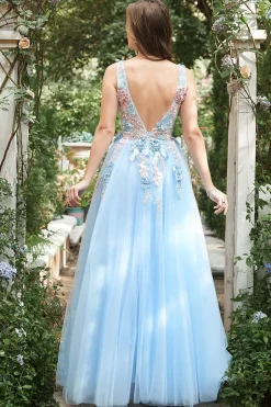 Blue Tulle Princess Prom Dress with 3D Flowers