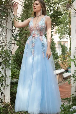 Blue Tulle Princess Prom Dress with 3D Flowers