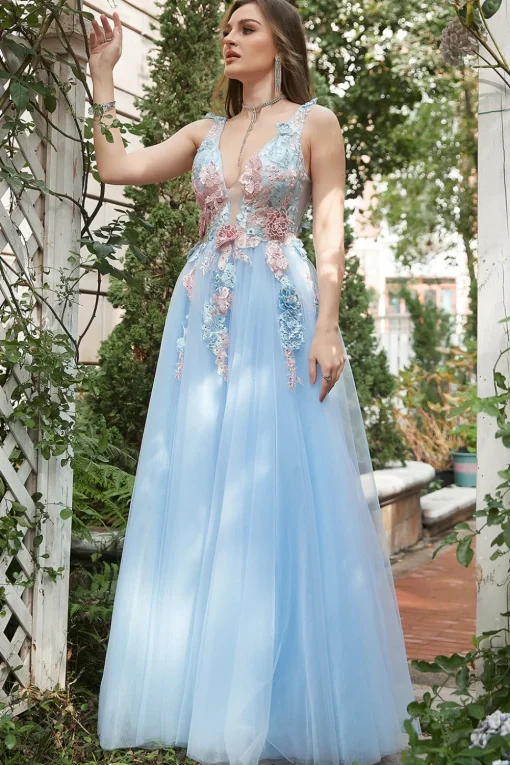 Blue Tulle Princess Prom Dress with 3D Flowers