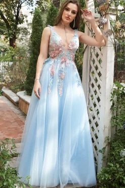 Blue Tulle Princess Prom Dress with 3D Flowers
