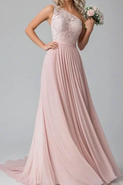Blush A Line One Shoulder Lace Chiffon Bridesmaid Dress