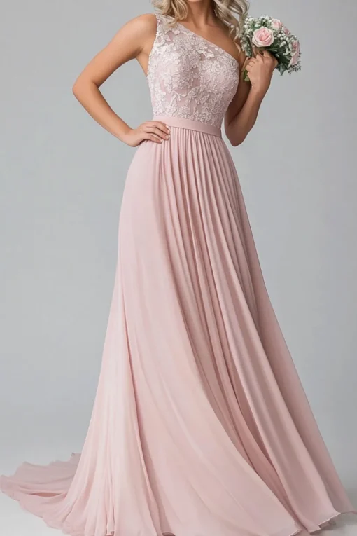 Blush A Line One Shoulder Lace Chiffon Bridesmaid Dress