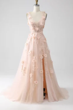 Blush A-Line Spaghetti Straps Long Prom Dress with Appliques