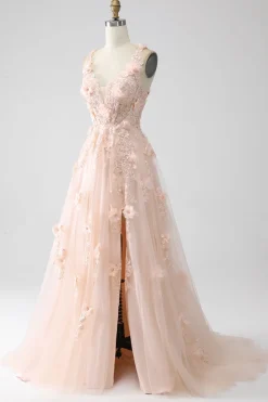 Blush A-Line Spaghetti Straps Long Prom Dress with Appliques
