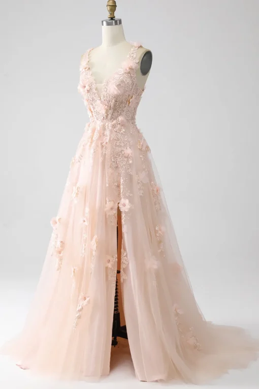 Blush A-Line Spaghetti Straps Long Prom Dress with Appliques