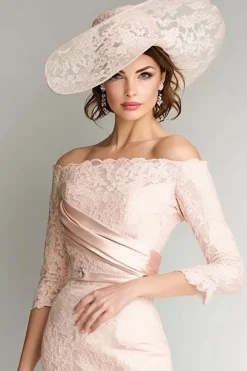 Blush Bodycon Off The Shoulder Lace Ruched Mother of The Bride Dress