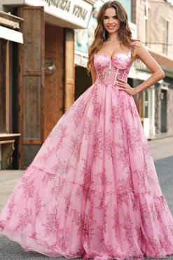 Blush Floral A Line Spaghetti Straps Pleated Corset Prom Dress