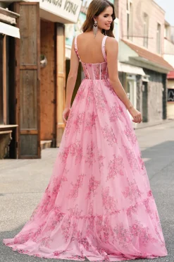 Blush Floral A Line Spaghetti Straps Pleated Corset Prom Dress