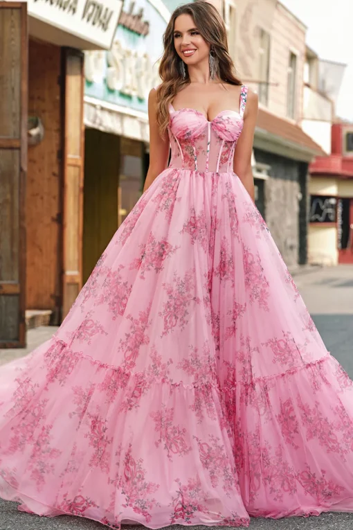 Blush Floral A Line Spaghetti Straps Pleated Corset Prom Dress