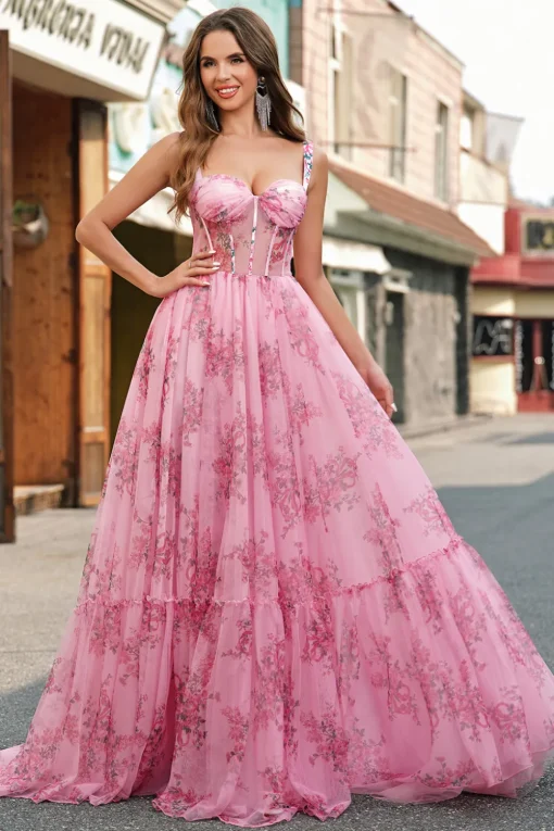 Blush Floral A Line Spaghetti Straps Pleated Corset Prom Dress