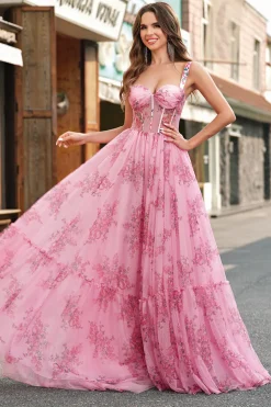 Blush Floral A Line Spaghetti Straps Pleated Corset Prom Dress