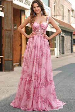 Blush Floral A Line Spaghetti Straps Pleated Corset Prom Dress