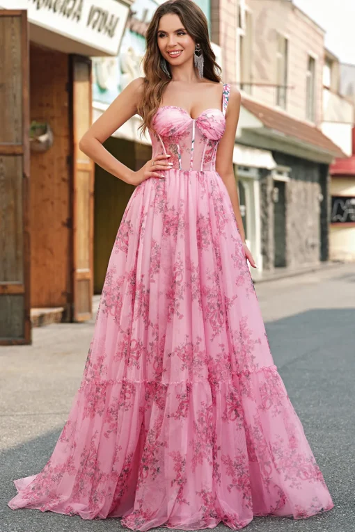 Blush Floral A Line Spaghetti Straps Pleated Corset Prom Dress