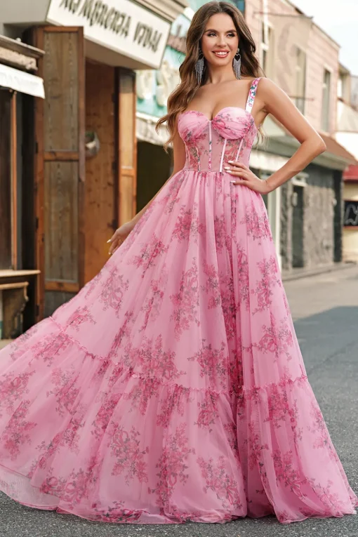 Blush Floral A Line Spaghetti Straps Pleated Corset Prom Dress