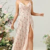 Blush Floral Chiffon Long Bridesmaid Dress with Slit