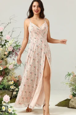 Blush Floral Chiffon Long Bridesmaid Dress with Slit