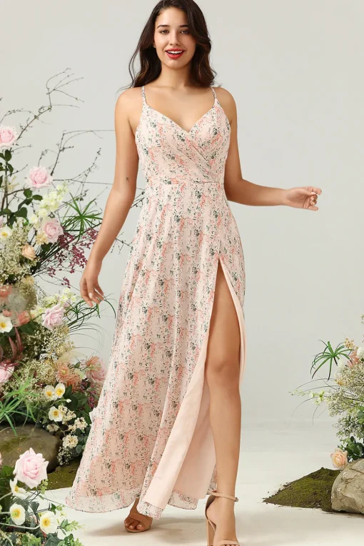 Blush Floral Chiffon Long Bridesmaid Dress with Slit