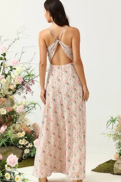 Blush Floral Chiffon Long Bridesmaid Dress with Slit