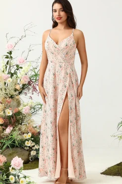 Blush Floral Chiffon Long Bridesmaid Dress with Slit