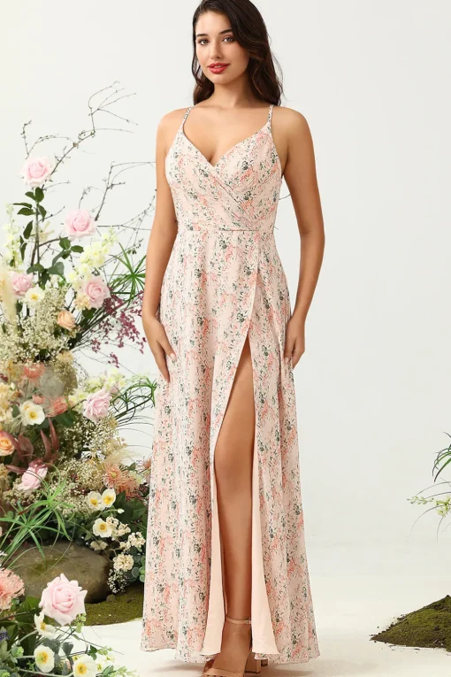Blush Floral Chiffon Long Bridesmaid Dress with Slit