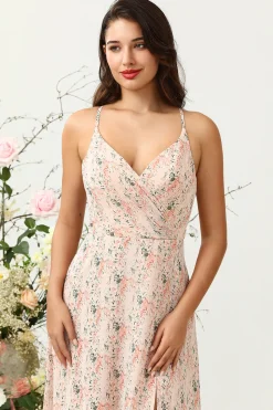Blush Floral Chiffon Long Bridesmaid Dress with Slit
