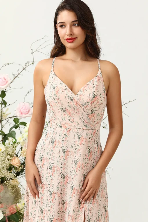 Blush Floral Chiffon Long Bridesmaid Dress with Slit
