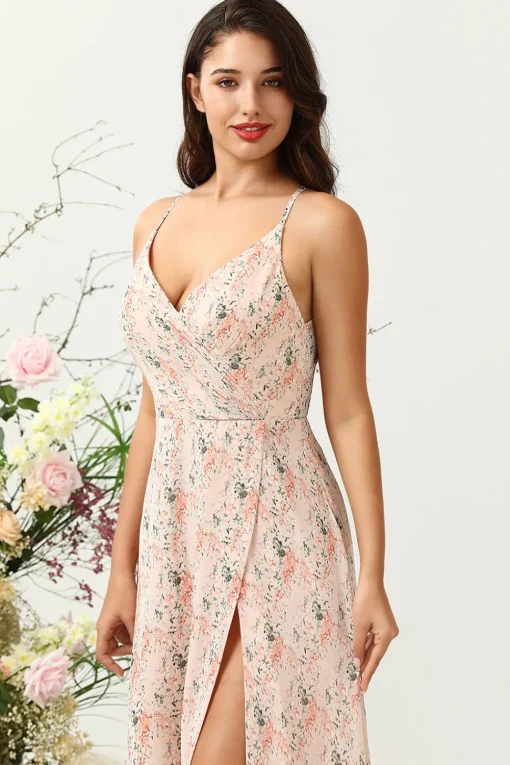 Blush Floral Chiffon Long Bridesmaid Dress with Slit