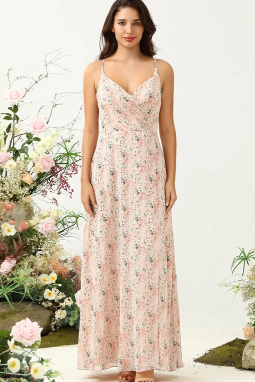 Blush Floral Chiffon Long Bridesmaid Dress with Slit