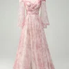 Blush Flower A-Line Off The Shoulder Print Prom Dress With Slit