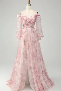 Blush Flower A-Line Off The Shoulder Print Prom Dress With Slit