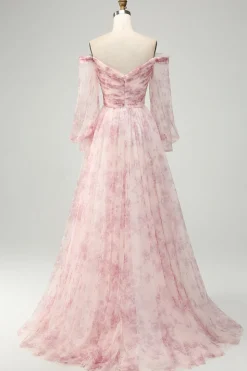 Blush Flower A-Line Off The Shoulder Print Prom Dress With Slit
