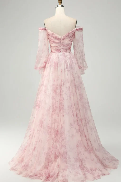 Blush Flower A-Line Off The Shoulder Print Prom Dress With Slit