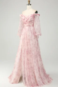 Blush Flower A-Line Off The Shoulder Print Prom Dress With Slit